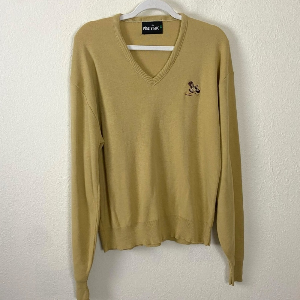 Vintage 70s Pine State Flying Quail Preppy V Neck Sweater Men’s Size XL Tan USA